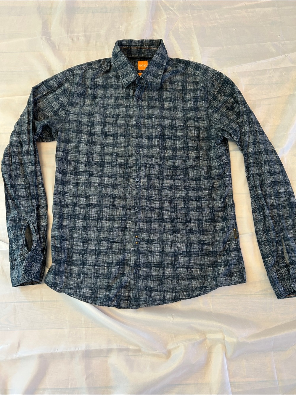 Hugo Boss Navy and Light Blue Plaid Long-Sleeve Shirt